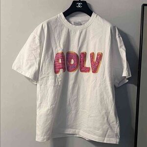 White Short Sleeve Graphic Tee with Pink Donut Lettering